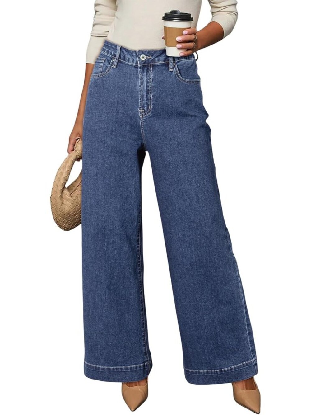 Women's Sky Blue High Waisted Jeans Stretch Wide Leg Loose Denim Baggy Pant Jean